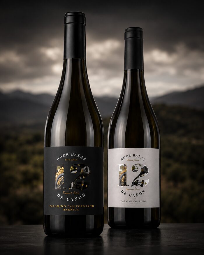Las dos botellas de 12 Balas de Cañón, Barrica y Joven, ante el paisaje de la Sierra de las Nieves