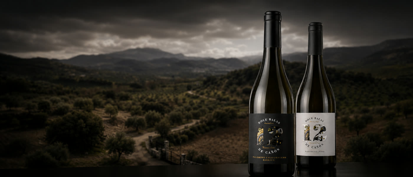 Las dos botellas de 12 Balas de Cañón sobre una mesa oscura con el paisaje de olivares y montañas al fondo