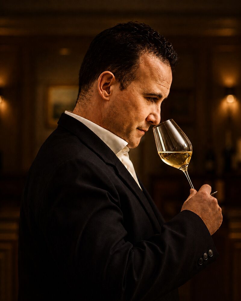 Cata de un vino blanco del proyecto en copa Riedel