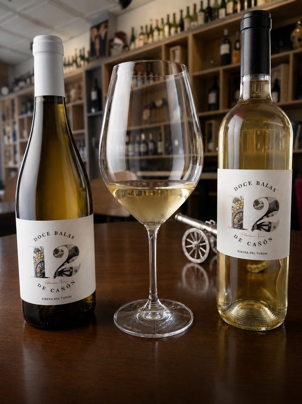 Dos botellas de 12 Balas de Cañón y una copa servida en el Wine-Bar