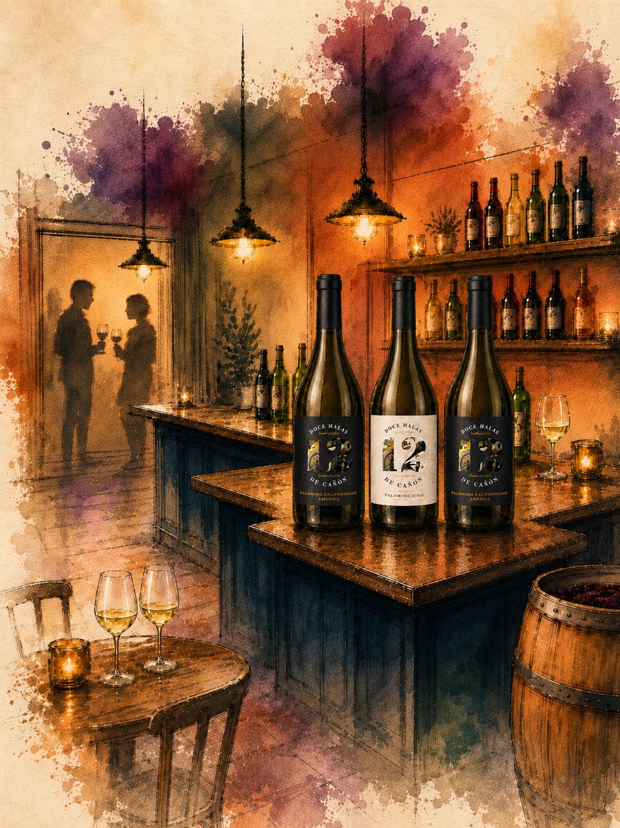 Ilustración en acuarela del Wine-Bar con tres botellas de 12 Balas de Cañón sobre la barra