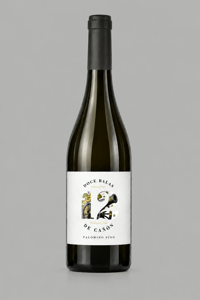 Botella de 12 Balas de Cañón Blanco Joven con etiqueta blanca sobre fondo gris neutro