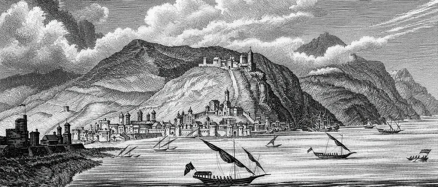 Grabado histórico de Málaga en el siglo XIX, época previa a la filoxera